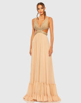 Beige Lace Up Rhinestone Embellished Cut Out Gown